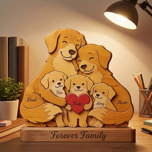 Drawelry Personalisierte Tier Familie Holzpuzzle Dekoration, Individuelle Namen Gravur Holzhandwerk Puzzle, Heim Büro Deko Figur mit Holz Sockel, Muttertag Vatertag Geburtstag Geschenk (Gelb Hund)