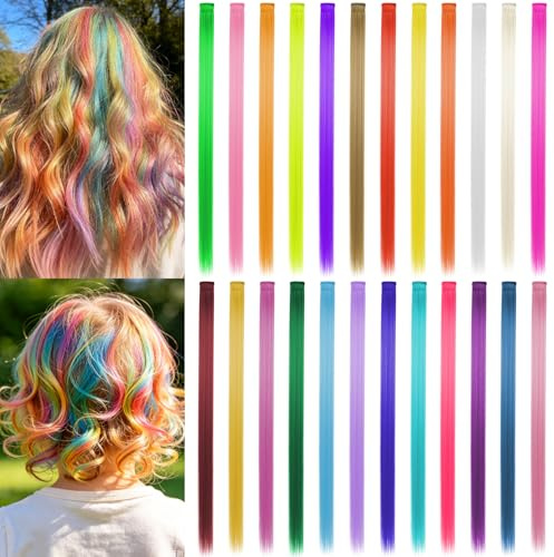 24 Pezzi Extension Capelli Colorati Clip, Ciocche Colorate per Capelli Bambina, Effetto Brillantini per Treccine, Accessori Hair Extensions per Feste e Regali Donna, 24 Colori