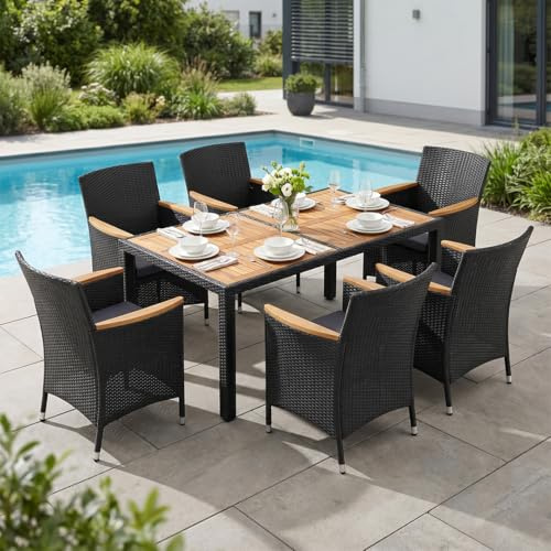 STEELSØN Fawaris Polyrattan Sitzgruppe Outdoor 7-tlg. - Gartentisch mit 6x Gartenstuhl und Kissen – Gartenmöbel Set aus Akazienholz – Gartengarnitur Outdoor wetterfest Garten/Terrasse/Balkon - schwarz