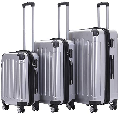 BEIBYE- 3er Kofferset Hartschalen-Koffer Reisekoffer Trolley Rollkoffer Set Reisekofferset (Silber)