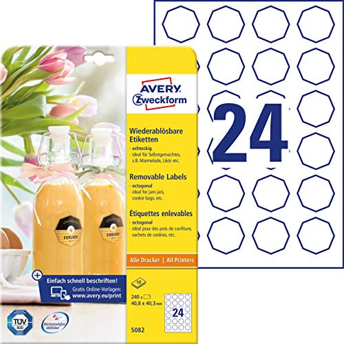 AVERY Zweckform Flaschenetiketten Art. 5082 (240 Aufkleber ablösbar, 40,8 x 40,3mm auf A4, achteckig, für Einmachgläser, Gebäcktüten, Geschenke und Selbstgemachtes aus der Küche) 10 Blatt weiß