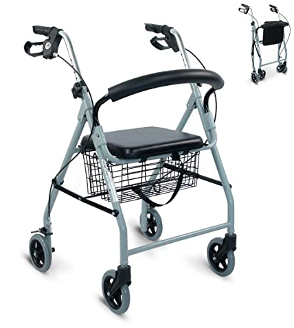 Mobiclinic®, Rollator, Faltbar und leicht, Gehhilfe, Mit sitzfunktion, Gepolsterte rückenlehne, Handbremsen, Ergonomische griffe, Abnehmbarer korb, Europäische marke, Modell alhambra, Grau