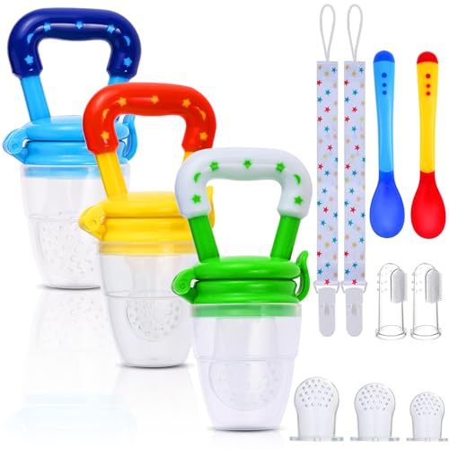 Faburo Chupete Fruta Bebe 12 Pcs | Mordedor Bebe Refrigerante, Cosas para Bebes con Chupetero, Cuchara Bebe Aprendizaje y Cepillo Dientes, Alimentador Antiahogo Chupete Comida Accesorios Bebes Sin BPA