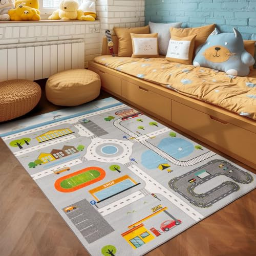 SIMPEX Kinderteppich Grau 80x120 cm Straßenteppich Modern rutschfest Waschbar Pflegeleicht Extra Weich Antiallergen Babyteppich Kinderzimmer Jungen Mädchen