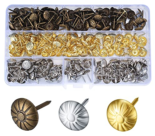 450 Pcs Upholstery Tacks, Vintage Bronze Gold Silver Furniture Decorative Nails Pins Thumb Tack Push Pins for Sofa, Chair, Bed Antique - 11x17mm/3 Colors