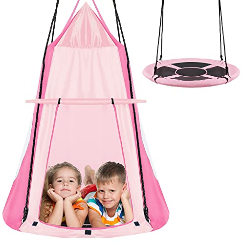 RELAX4LIFE Ø100 cm Nestschaukel mit Zelt, Gartenschaukel mit Tür & Fenster, Höhenverstellbares Hängezelt, bis 150 kg belastbar, Kinderschaukel für Indoor & Outdoor, für Kinder & Erwachsene (Rosa)