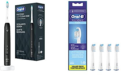 Oral-B Pulsonic Slim Clean 2000 Elektrische Schallzahnbürste für eine sanfte Reinigung, 2 Putzprogramme, schwarz & Oral-B Pulsonic Clean Aufsteckbürsten für Schallzahnbürsten, 4 Stück