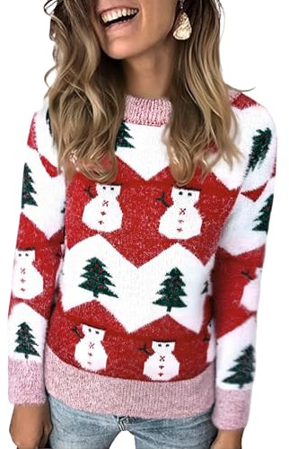 Marvmys Jersey Navideño Mujer Jersey Navidad Mujer Manga Larga Suéter de Navidad para Mujer Invierno Ropa de Punto de Reno Monigote de Nieve Cuello Redondo