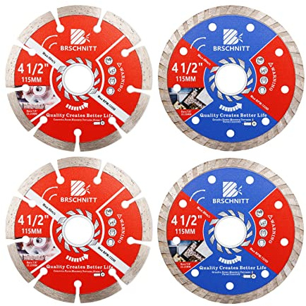 BRSCHNITT Diamond Disc Set,115mm Arbor 22.23mm - 16mm for Granite,Stone,Masonry,Terrazzo,Paver,Concrete,Pack of 4 Dry/Wet Diamond Circular Cutting Disc Cutter