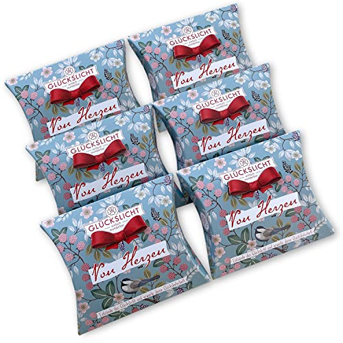 Glückslicht in der hellblauen Geschenkbox mit der ausgestanzten roten Schleife | Vintage | Von Herzen | Mit Blumen, Beeren und Vogel illustriert | 6er-Set