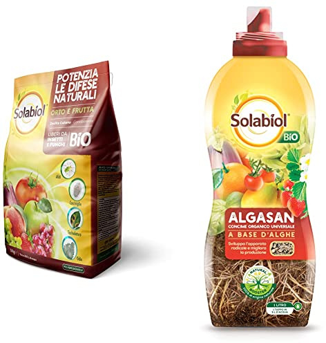 Solabiol Zeolite Polvere di Roccia, 1kg Potenziatore delle difese delle Piante, Bianco & Algasan, Concime Liquido Biologico Universale a Base di Alghe Brune con Tecnologia Natural Booster