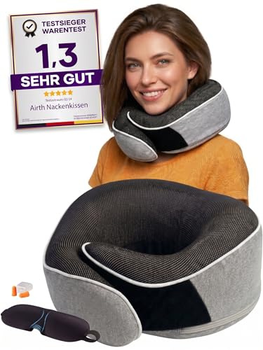 AIRTH Reise-Nackenkissen Memory Foam – Ergonomisches Nackenhörnchen Flugzeug & Auto – Verstellbares Reisekissen inkl. Schlafmaske & Tasche – Waschbarer Bezug, Kompakt & Weich