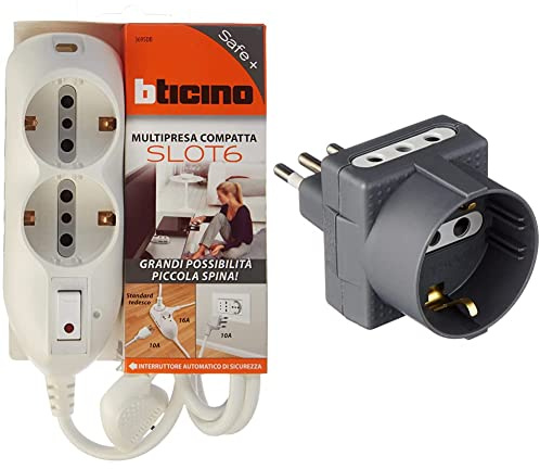 BTicino, Ciabatta Multipresa Compatta, 6 Slot, con Interruttore Luminoso Automatico di Sicurezza, Bianca & S3610G Adattatore Tris con 1 Presa Tedesca 2 Prese, 10A