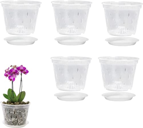 BestAlice Lot de 5 pots à orchidées, 17,8 cm, avec trous et soucoupes, en plastique transparent, pour plantes et rempotage, pour la maison, le bureau, blanc
