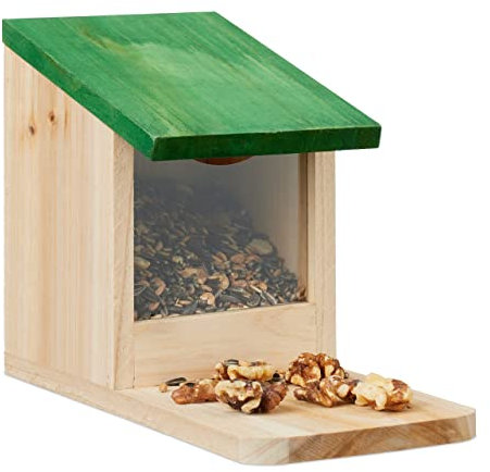 Relaxdays Eichhörnchen Futterhaus, Holz, Klappdach, Sitzplattform, Eichhörnchenhaus, HBT: 17,5 x 12 x 25 cm, Natur/grün