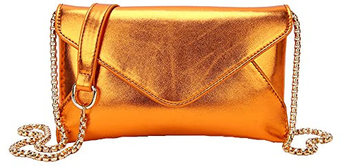 ANNI RIEL Holographische Crossbody-Taschen für Damen, Leder, Clutch, Geldbörse, modische Klappe, Umschlagtasche, elegante Abendtasche, Orange, Small