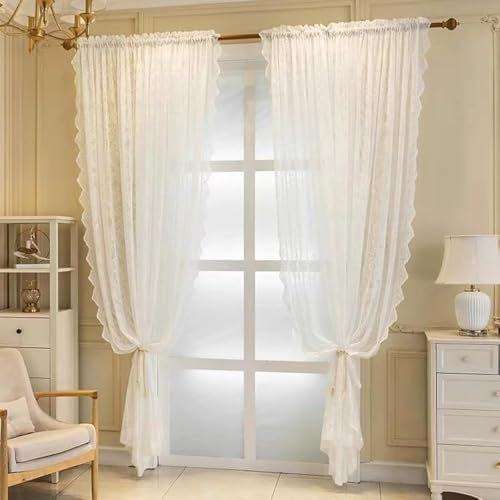 F-CHU Tende in pizzo per finestre, 137,2 cm di lunghezza, stile vintage, per vecchia casa shabby chic, in voile trasparente, 2 pannelli (140 cm di larghezza x 183 cm di lunghezza), tende bianche