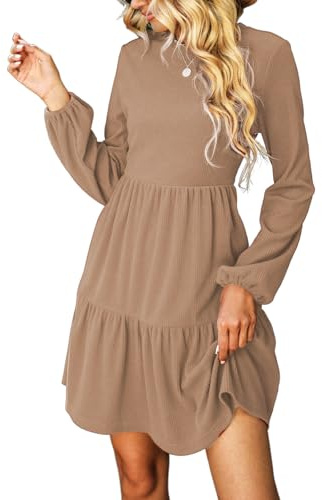 CUPSHE Stickade Klänning Dam Vardaglig Långärmad Rund Hals Blommig Nivå, Camel, M