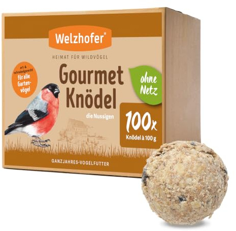 Welzhofer Gourmetknödel die Nussigen, 100 Stück x 100g - Meisenknödel ohne Netz, leckere Energiequelle für Garten- & Wildvögel, verdauungsfördernde Getreideflocken, praktische Kartonagenverpackung