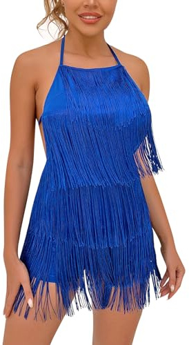 Odizli Vestido de mujer sexy sin espalda con flecos, vestido de fiesta, mono corto, azul, XL
