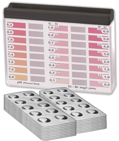 Wassertester Premium Rapid Methode Chlor pH, mit 200 Testtabletten, 100 x Phenol Red und 100 x DPD1, Anzeige von 16 verschieden Messwerten