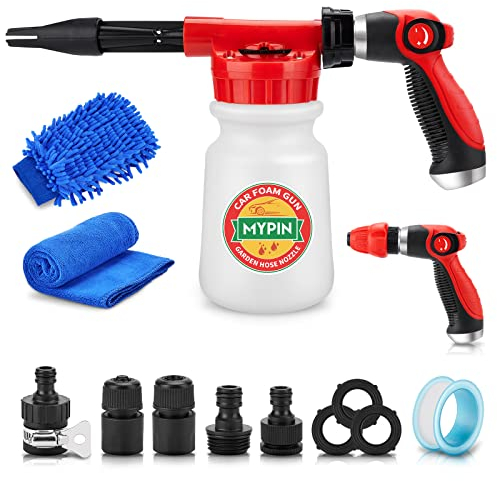 MYPIN 16 in 1 Car Foam Spra yer, Adjustable Hose Cannon With 2.5 to 6 Bars Blaster, Nozzles, Wash Mitten & Towel, 1/2 Quick Connector Cleaning Kit for Car Garden