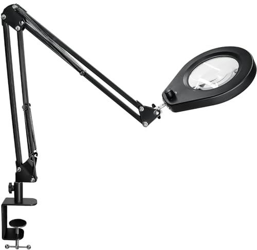 Lámpara de Aumento con Cristal de 5 dioptrías, Abrazadera de Acero de 6,4 cm, LED Regulables, Brazo Giratorio de 90 cm, diseño de Confort óptimo para esteticistas, Aficionados y Artesanos