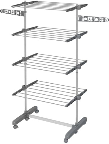 HOMCOM Wäscheständer Turm Standtrockner mit 4 Ebenen 142x55x172 cm Grau | Klappbare Flügel, Rollen, Turmwäscheständer für Innen und Außen