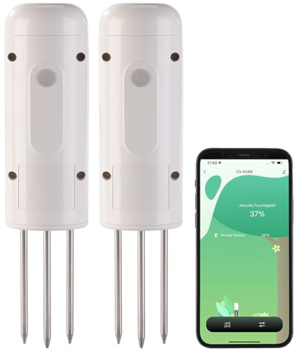 Luminea Home Control Feuchtigkeitssensor Erde: 2er-Set smarte ZigBee-Boden-Feuchtigkeits- & Temperatursensoren (Boden Feuchtigkeitsmesser Smart, ZigBee-Temperatursensoren Outdoor, Erdspiess)
