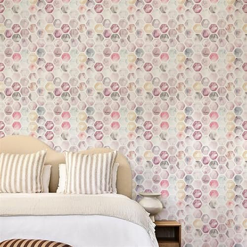 Selbstklebende Tapete Rosa Sechseckig Grau Strukturtapete Wandtattoo Schlafzimmer Tapete Selbstklebend Vliestapete Wallpaper for Living Room Tapeten Leicht zu Entfernen Wandschutzfolie 38.6x100.6cm