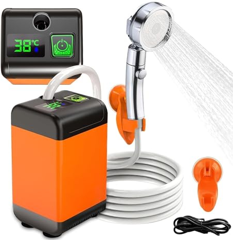 Electric Camping Shower,Portable Shower with LED Display, Handheld Outdoor Shower with 3 Speed Adjustable, 7800mAh Rechargeable Battery, Last 180 Mins, 2M Hose, for Travel, Hiking