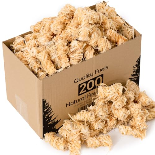 200 Natural Firelighters for Wood Burners, Fire Lighters Wood Wool Odourless Wax Coated for Stove Barbecue BBQ Oven and Fire Pit, 2KG Value Pack