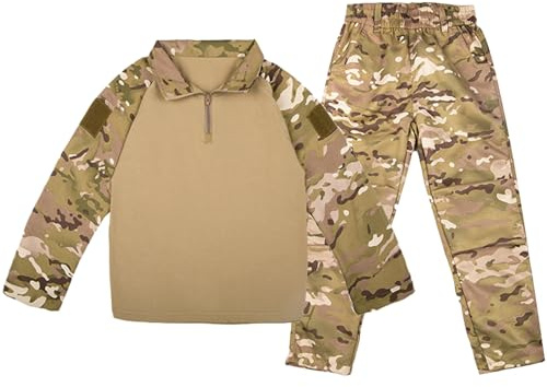 QIYUANT Enfant Ensembles T-Shirt & Pantalon Tactique Camo Airsoft Militaire Camouflage Printemps Été Automne Manche Longue Combat Chasse Randonnée Camping en Plein Air (CP/T-Shirt + Pantalon, 160)
