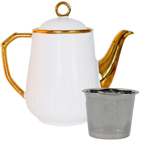 Tetera de Porcelana Minimalista y Cerámica Con Infusiones para Té Suelto - para Fiestas (Dorada, Grande)