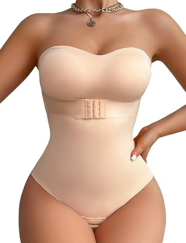 FEOYA Skulpterande bodysuit dam platt mage bodysuit osynlig push up bodysuit shapewear axelbandslös bodysuit med avtagbar stoppning och remmar, Beige färg, S