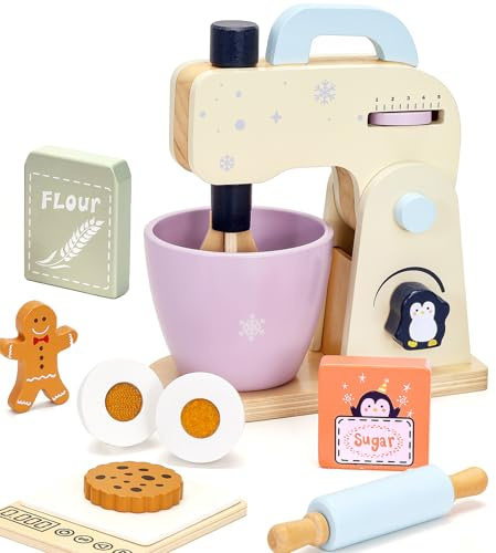 PairPear Holz Mixer Set Kinder Holzspielzeug Lebensmittel Backspielzeug mit Zubehör Zubehör für Kinderküche Spielen Küchenzubehör Rollenspiel Spielzeug für Mädchen und Jungen
