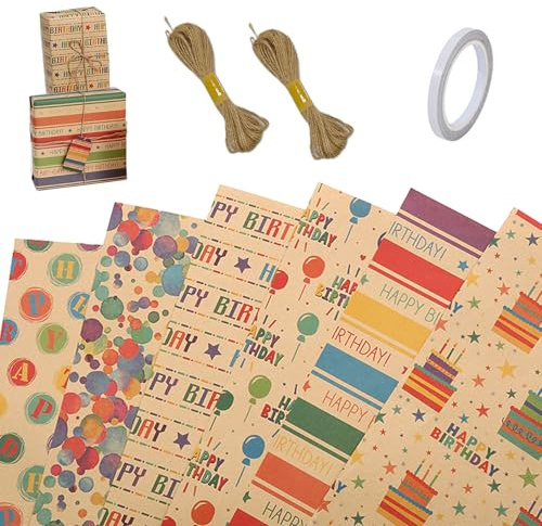 Carta Regalo Compleanno, 8 Pezzi Carta da Regalo Kraft Set 70x50 cm Imballaggio Con Accessori per l'imballaggio per Incartare Regali per Mompleanni di Natale