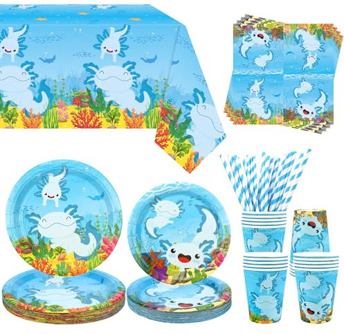 Obussgar blå Axolotl partydekoration – blå Axolotl födelsedagsfest porslin levereras med tallrikar, koppar, servetter, duk, sugrör – serverad 20