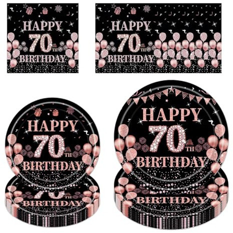 70th Birthday Party Tableware Women - 96 Pcs Rose Gold Black Tableware Sets Plastic Paper Plates and Napkins for Women Happy 70 Years Old Happy Birthday Party Table Decorations