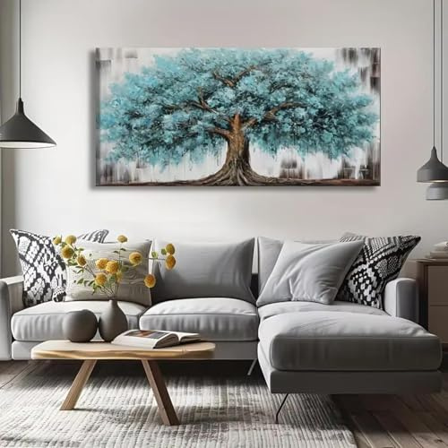 Zhadongli Art Quadro su tela Albero della vita Astratto Blu Verde Acqua Poster Stampa Opera d'arte Quadro per camera da letto Soggiorno Decorazione 70x140cm (28x55 pollici) Senza cornice