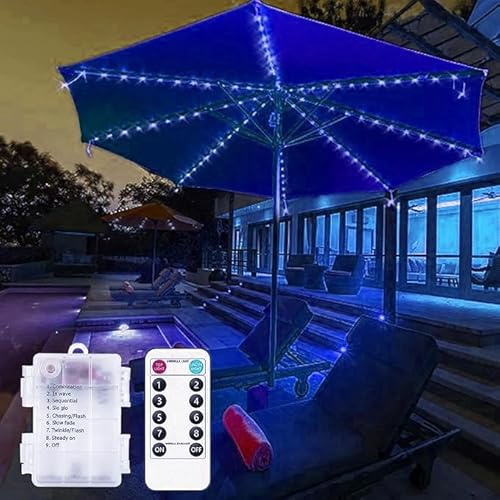 Parasol String Lights,104 LED Umbrella Light 8Modes Operated Hanging Light Decor Pole Lights for Outdoor Patio Umbrellas Camping Tents (Blue)