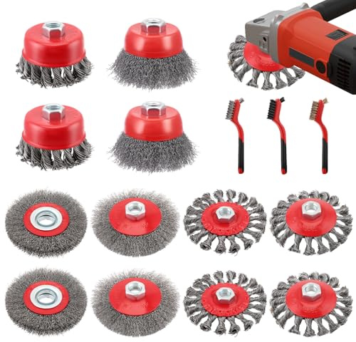 12 Piezas Cepillo de Alambre para Taladro Amoladora, juego de cepillos Metalico para angular M14, con cepillo de alambre, de copa flexible, de disco 75/100/125mm, para Lijar Eliminar Oxido Pintura
