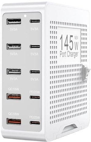 Estación de Carga Múltiple USB,Hub de Carga para Teléfonos - Cargador Portátil 145W PD QC3.0 10 Puertos para Reloj Portátil Auriculares Teléfono Hogar