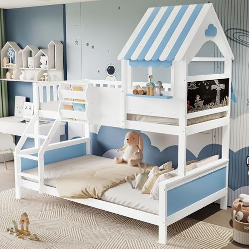 OKMYHOME Etagenbett 90 x 200 cm und 120 x 200 cm – Hüttenbett mit Dach, integrierter Aufbewahrung, Kiefer und MDF, ohne Matratze, Weiß und Blau