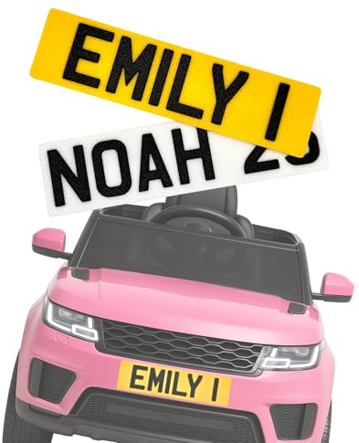 Custom Toy Car Plates for Ride On Thick Plastic 4MM Kids Personalised Numberplate Signs – Plastic Fun Accessory for Ride On Cars, Scooters, Bikes – Front & Back with Sticky Pads