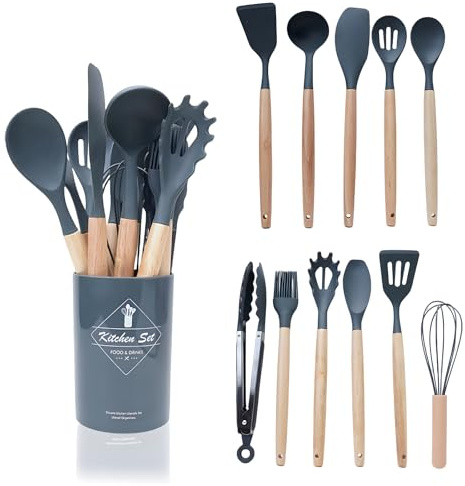 12Pcs Kitchen Utensils Set Silicone Cooking Utensils Set with Wooden Handle Silicone Kitchen Utensil with Storage Bucket Dark Grey Silicones Utensil Sets Easy Clean for Baking Cooking Dishwasher Safe