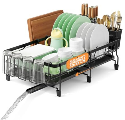 Avilia - Scolapiatti da Appoggio Estensibile 32-53 cm - Scola Piatti Antiruggine con Vassoio Raccogligocce e Beccuccio di Scarico - Include Portaposate Rimovibile - Organizer Cucina Salvaspazio