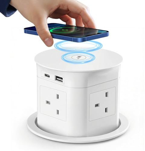 Pop up Power Sockets with 15W Wireless Fast Charger, Touchscreen Automatic Pop up, 4 x UK Plugs 1x USB & 1x 10W Type C Port for Home Office Kitchen Worktops Desktop