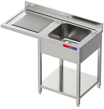 Industrielle Spüle mit Aussparung für die Spülmaschine aus Edelstahl, 1 Sieb + Abtropffläche, 120 x 60 x 85 cm, unteres Fach, Latz und verstellbare Beine (Einhebelmischer mit zwei Wassern, rechte Ecke