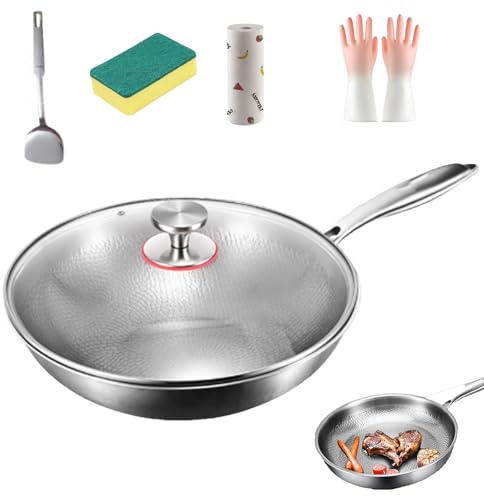 Padella in titanio con coperchio, 5 pezzi Titanium Nutri Pan Pro, 20/24/26/28/30 cm Padella in acciaio inox antiaderente, ultraresistente, antigraffio, non rivestita (26 cm,Wok con coperchio)